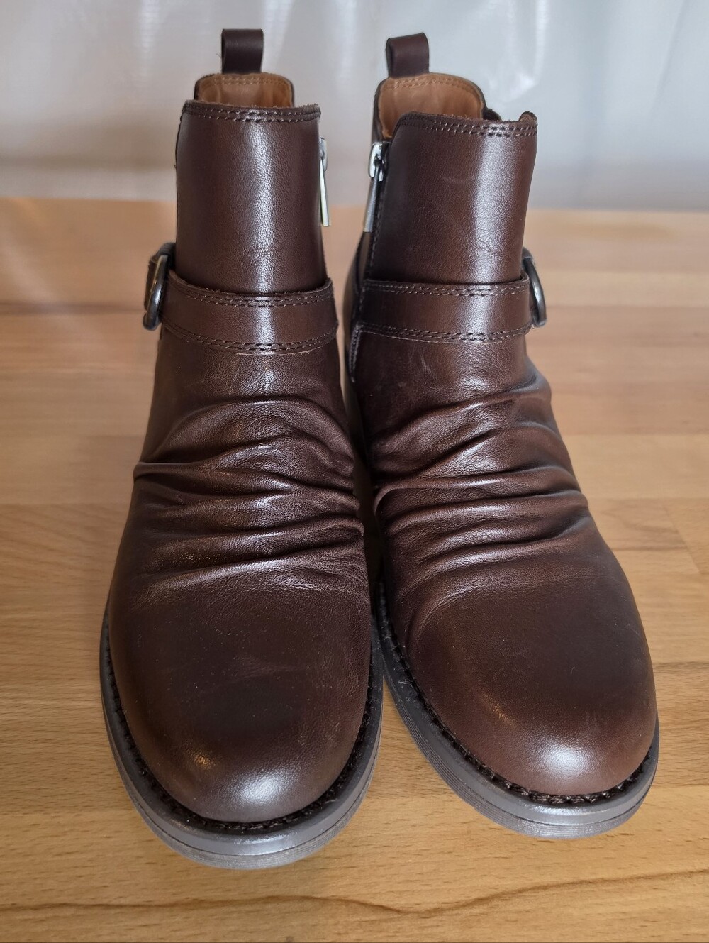 Earth Zane Leather Ruched Block Heel Booties 9M Brown Comfort Minimalist